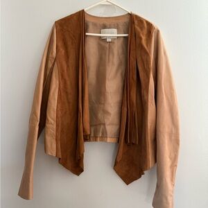 Hinge Women's Leather Suede Drapery Open Jacket in Camel